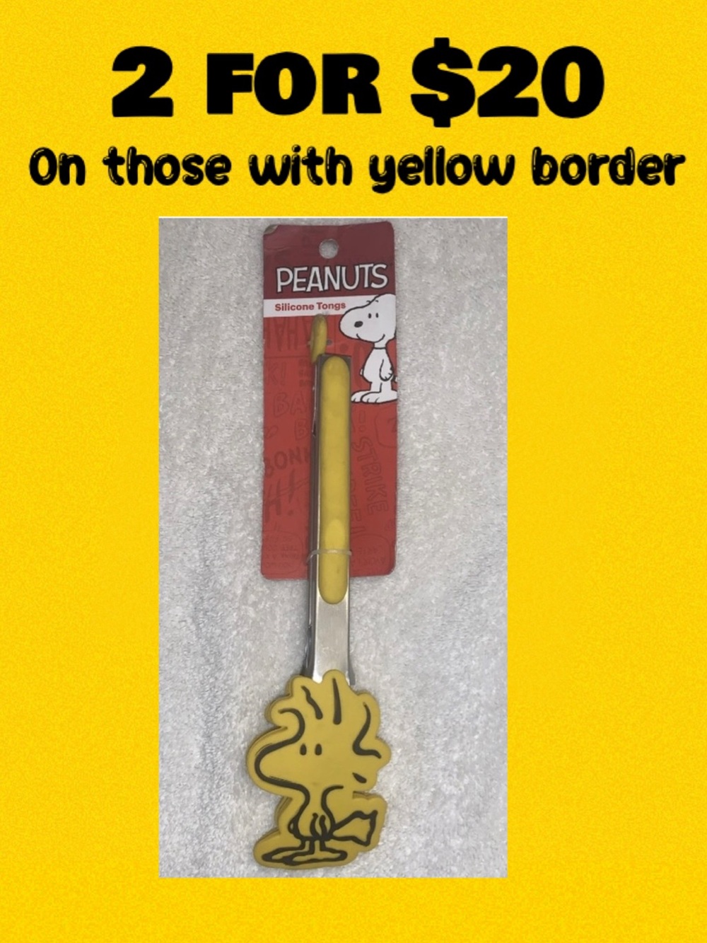 Peanuts Snoopy WOODSTOCK Yellow Kitchen Silicone Metal Tongs Heat Resistant NWT